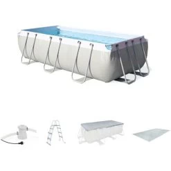 Kit Grande Piscine Tubulaire - Topaze Grise - Piscine Rectangulaire 4x2m Avec Pompe De Filtration. Bâche De Protection. Tapis De Sol Et échelle. Piscine Hors Sol Armature Acier