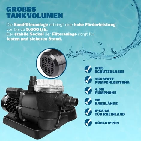 Pompe Filtre à Sable Max. 9.600 L/h Avec Pré-filtre XXL Piscine Nettoyage Eau 5 Pompe Filtre à Sable Max. 9.600 L/h Avec Pré-filtre XXL Piscine Nettoyage Eau – Image 3