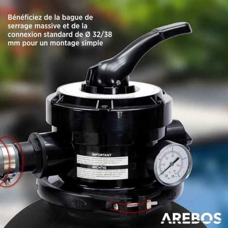 AREBOS Système De Filtre à Sable Avec Pompe Noir 400W 10.200 L/h Capacité Du Réservoir Jusqu'à 20 Kg De Sable Vanne à 4 Voies Avec Poignée Avec Manomètre 6 AREBOS Système De Filtre à Sable Avec Pompe Noir 400W 10.200 L/h Capacité Du Réservoir Jusqu'à 20 Kg De Sable Vanne à 4 Voies Avec Poignée Avec Manomètre – Image 4