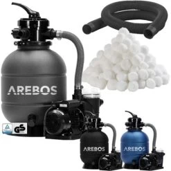 AREBOS Système De Filtre à Sable Avec Pompe 400W + 1400g De Balles De Filtre + Tuyau De 2m Gris 10200 L/h Capacité Du Réservoir Jusqu'à 20 Kg De Sable Vanne à 4 Voies Avec Poignée Et Manomètre