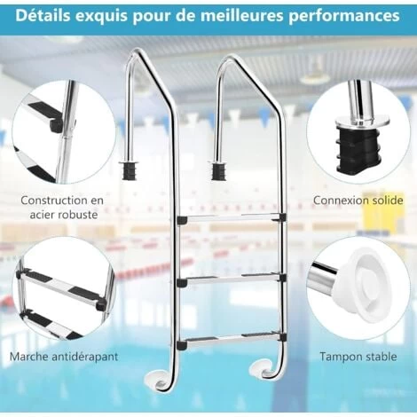 COSTWAY Échelle De Piscine à 3 Niveaux 147cm En Acier Inoxydable Avec Marches Antidérapantes Et Mains Courantes Confortables 4 COSTWAY Échelle De Piscine à 3 Niveaux 147cm En Acier Inoxydable Avec Marches Antidérapantes Et Mains Courantes Confortables – Image 2