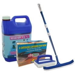 Pack Nettoyage Eau Verte MAREVA Pour Piscine - Revatop - Cartouche Clarifiante - 2 Brosses - Manche Ă Balai