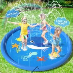 Peradix Tapis Enfant De Jet D'eau 170CM PVC Tapis De Pulvérisation D'éclaboussure D'eau Piscine De Jeux Natte Et Avec Jet Fontaine Pour Enfant,Splash Sprinkle Play Pad Mat Garçons Et Filles (Bleu)