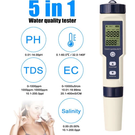 Testeur Combiné Multi-paramètres Professionnel 5 En 1 PH/EC/TDS/salinité/thermomètre Testeur Multifonction Numérique Testeur De Qualité De L'eau 4 Testeur Combiné Multi-paramètres Professionnel 5 En 1 PH/EC/TDS/salinité/thermomètre Testeur Multifonction Numérique Testeur De Qualité De L'eau – Image 2