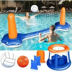 ZOLGINAH Ensemble De Volley-Ball Gonflable - Volleyball Gonflable Piscine Toy Avec Basket-Ball Hoop Volley-Ball Filet Deux Balles Jeu De Natation Pour Enfants Adultes…