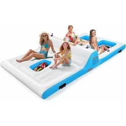 GOPLUS île Flottante Gonflable,Flotteur Gonflable Geant Pour Piscine, Lit Flottant Gonflable Salon Gonflable Geant 4 Porte-gobelets,Souffluer Inclus,pour 4 Adultes(Jusqu'a 400KG) 366x197x66cm