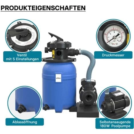 Wiltec Filtre à Sable 180W 14L Cuve De Filtration Pompe Auto-amorçante 9000L/h Piscine Hors-sol 5 Wiltec Filtre à Sable 180W 14L Cuve De Filtration Pompe Auto-amorçante 9000L/h Piscine Hors-sol – Image 3