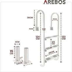 AREBOS Echelle De Piscine En Acier Inoxydable 3 Marches Avec Patins Antidérapants Sur Les échelons Echelle D'accès Argent 132x45x23 -Piscine Soldes 8339670 5