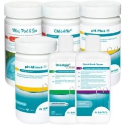 Pack Produits Bayrol Piscine Hors-sol : 5 Fonctions 1kg, Choc 1kg, PH Plus 1kg, PH Minus 1,5kg, Anti-algues 1L, Floculation 1L