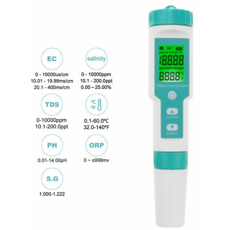 Testeur De Qualité De L'eau Portable Portable 7 En 1 PH Total Des Solides Dissous EC ORP Salinité S.G Test De Température IP67 Étanche ℃/℉ Conversion D'unités Compensation Automatique De La Températur 6 Testeur De Qualité De L'eau Portable Portable 7 En 1 PH Total Des Solides Dissous EC ORP Salinité S.G Test De Température IP67 Étanche ℃/℉ Conversion D'unités Compensation Automatique De La Températur – Image 4